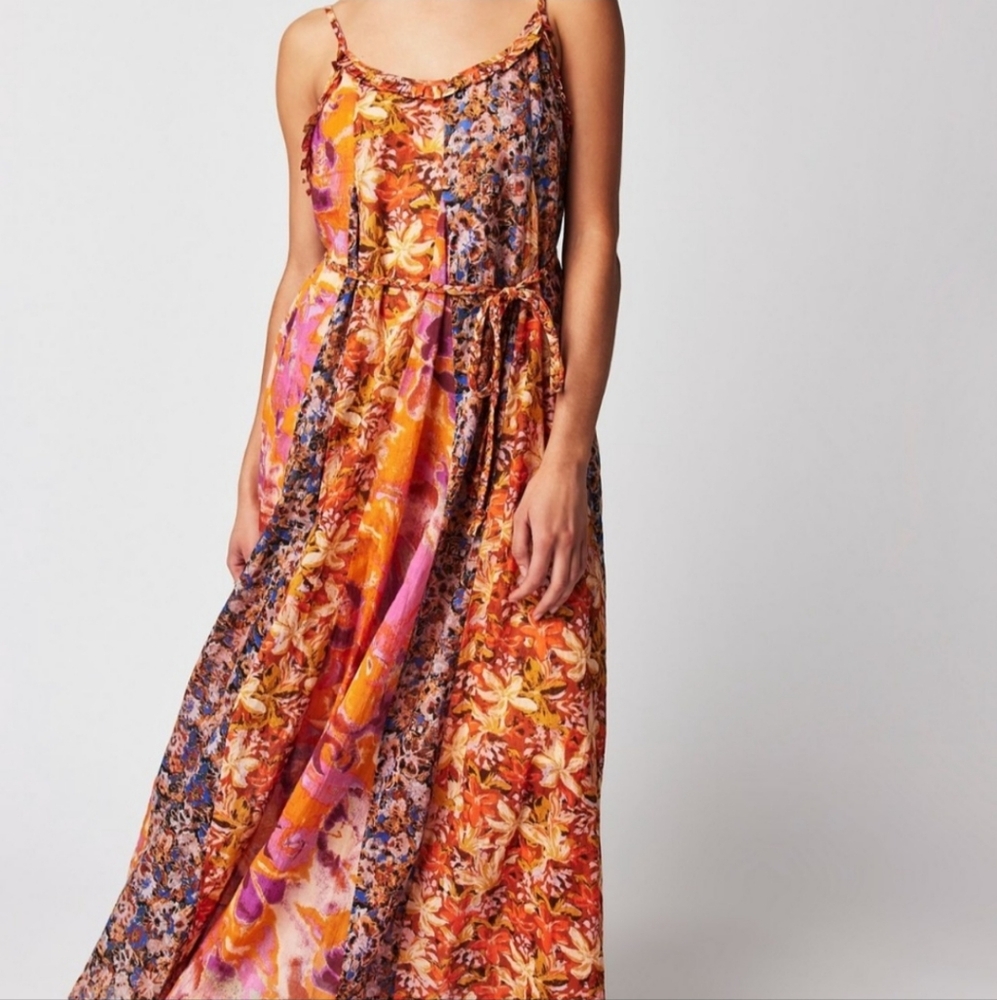 Free People Moondive Orange Floral Flowy Maxi Dress W/ Pockets Size Small